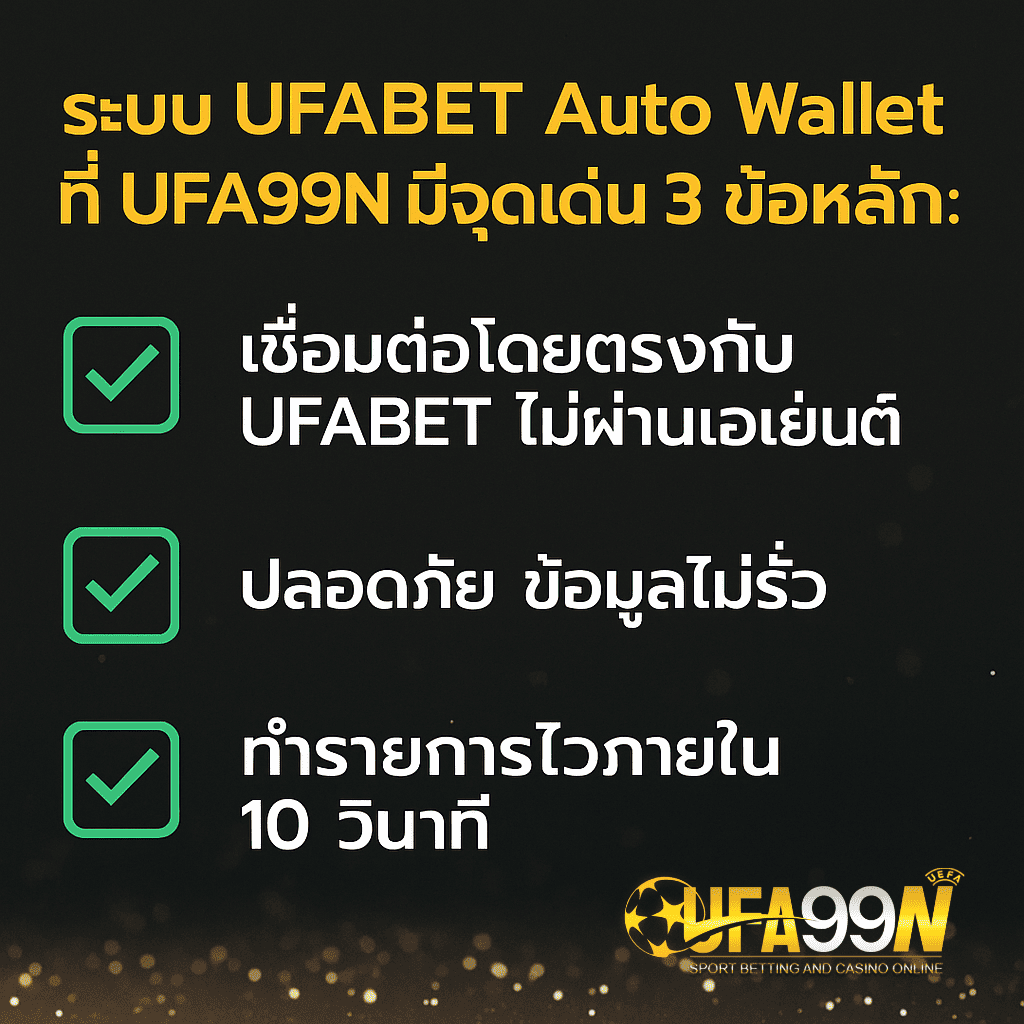 ภาพกราฟิกแนวนอนแสดงจุดเด่น 3 ข้อของ UFABET Auto Wallet จากเว็บตรง UFA99N เช่น ฝากไว ปลอดภัย ไม่มีขั้นต่ำ เหมาะใช้คั่นเนื้อหาในบทความ