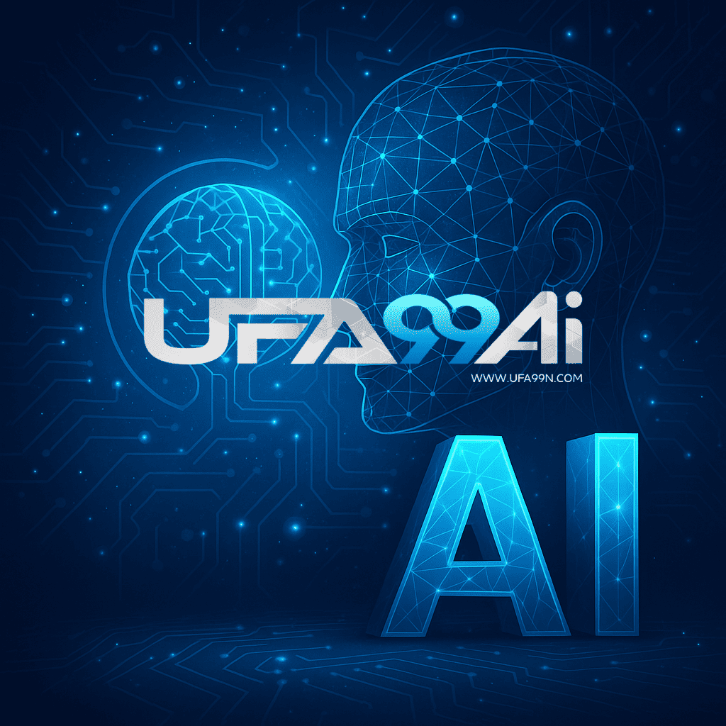ภาพกราฟิกแสดงระบบ AI ทันสมัย พร้อมใบหน้ามนุษย์เสมือนในรูปแบบโครงข่ายดิจิทัล และสมองอิเล็กทรอนิกส์ สื่อถึงเทคโนโลยีล้ำยุคในยุคปัญญาประดิษฐ์ UFA99AI